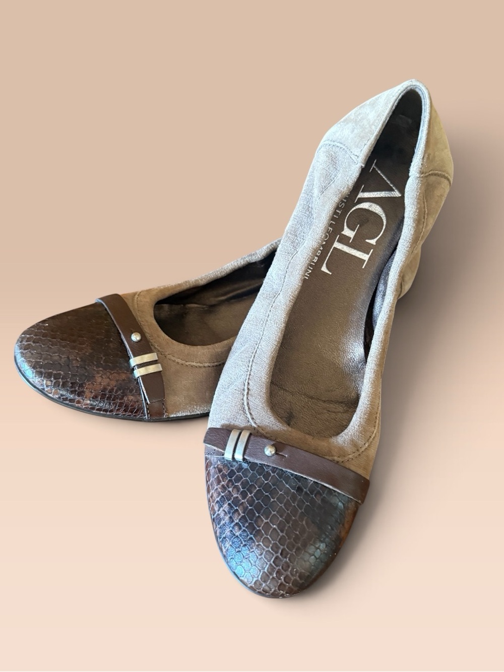AGL *Bella* Brown Suede & Snakeskin Leather Cap-Toe Ballet Flats 38